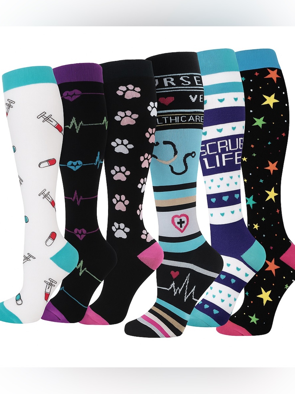 Colorful Medical-Themed Knee High Socks.compression socks for nurses , 6 pairs